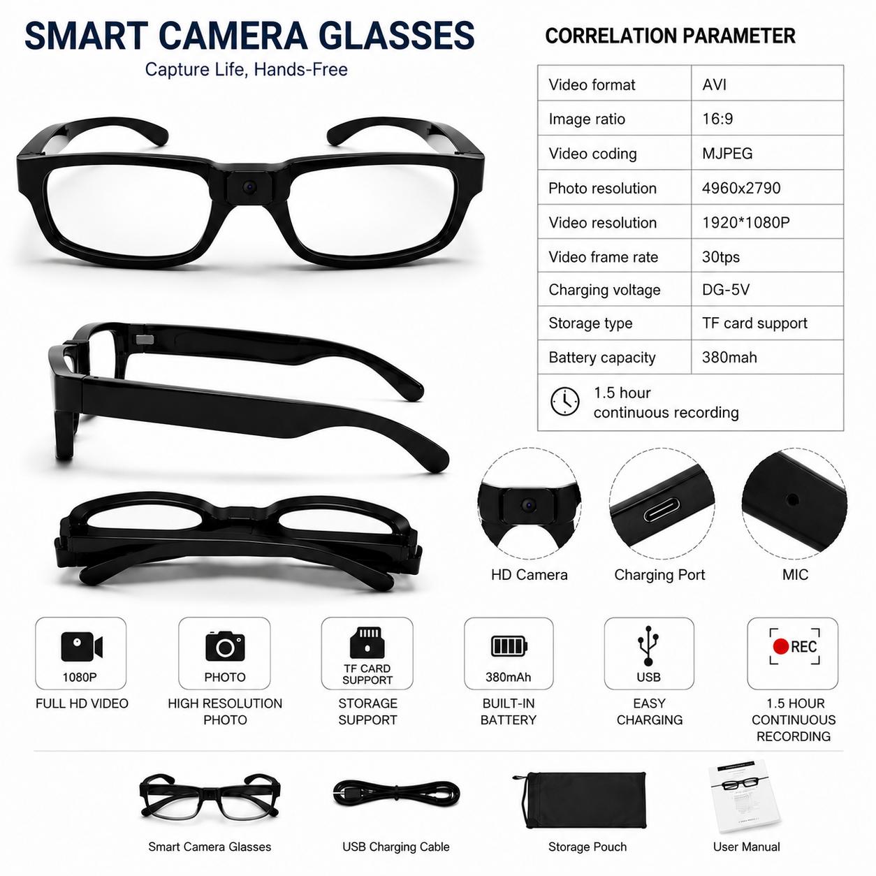 HD Smart Camera Glasses – 1080P Hidden Video Recording Eyewear